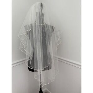 White Bridal Wedding Double Veil Tulle Beaded Edge Comb romantic 36" long